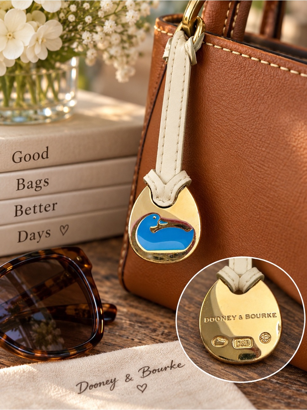 Vintage Dooney & Bourke Blue Enamel Duck Bag Charm Hang Tag White Leather